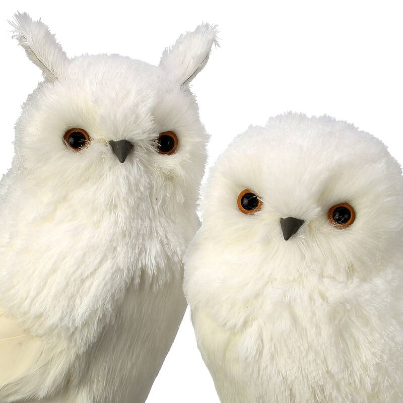 14" Feather White Owl Set of 2