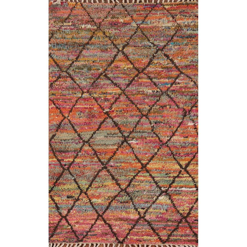 Hand Knotted Oriental 100% Wool Carpet Modern All-Over Multi-Colored Moroccan Area Rug - 6' 8'' X 4' 0''