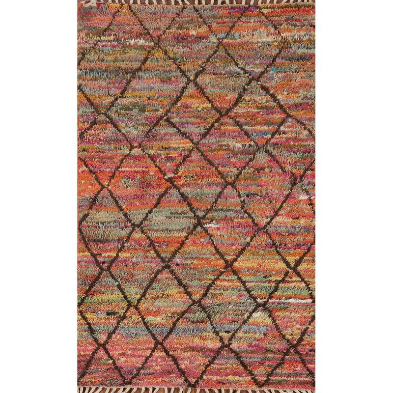 Hand Knotted Oriental 100% Wool Carpet Modern All-Over Multi-Colored Moroccan Area Rug - 6' 8'' X 4' 0''