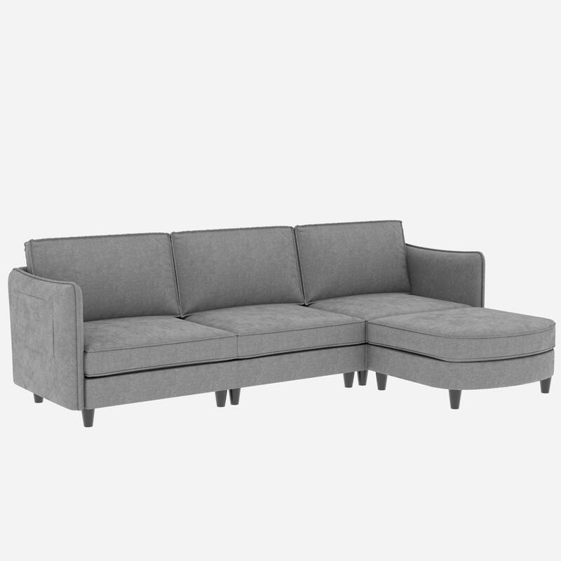 107.87" Fabric L-Shaped 3-Seater Sofa with Movable Ottoman, Arm Storage Pockets, and 800lb Capacity