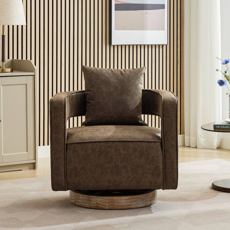 Modern Swivel Chair,PU leather Barrel Chair with Wooden Base and pillow