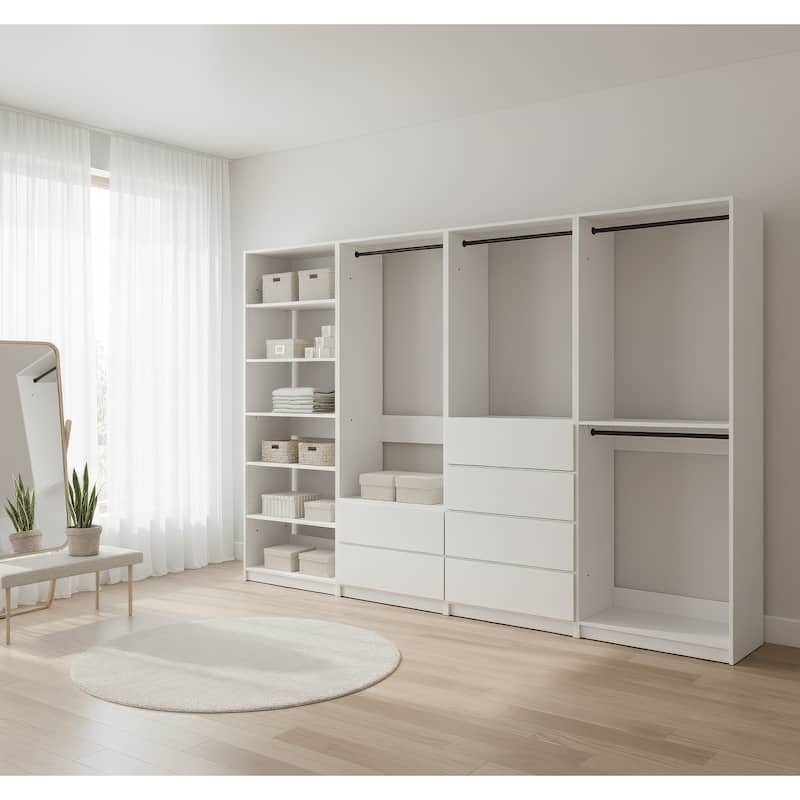 Prosper White Freestanding Walk in Wood Closet System - 125.6"W x 15.7"D x 83" H