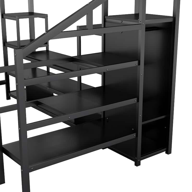 Full Size Loft Bed with TV Cabinet, Heavy Duty Metal Loft Bed Frame, Kids Iron Loftbed Frame with Wardrobe and Charging Station