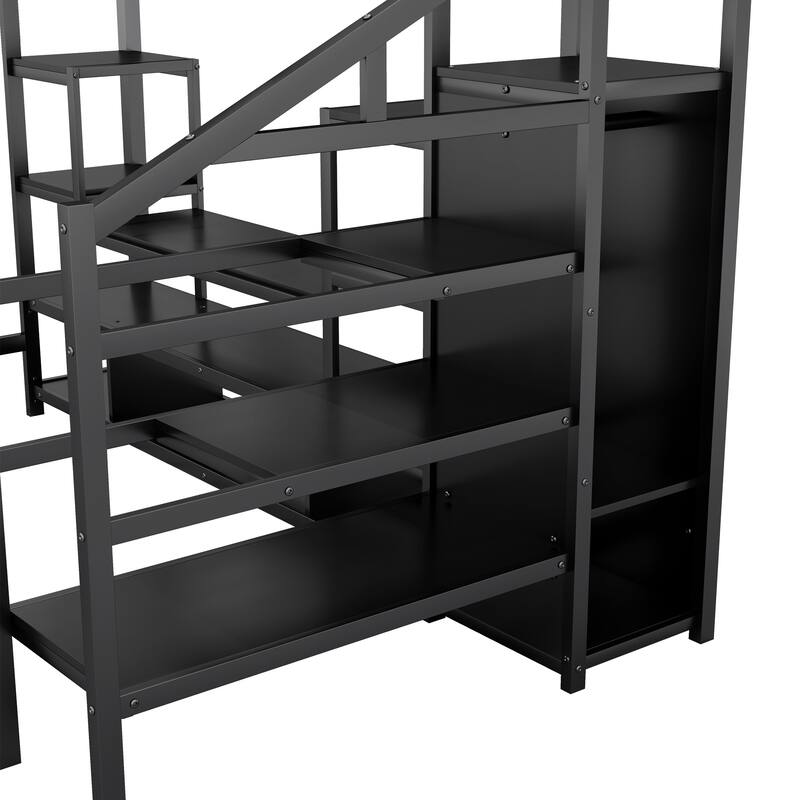 Full Size Metal Loft Bed with TV Stand, Staircase, Wardrobe, and LED Light Strip