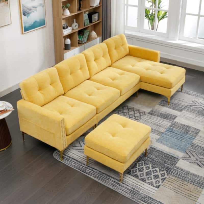 U-Shape Convertible Sectional Sofa with Movable Ottoman and Gold Metal Legs - Yellow