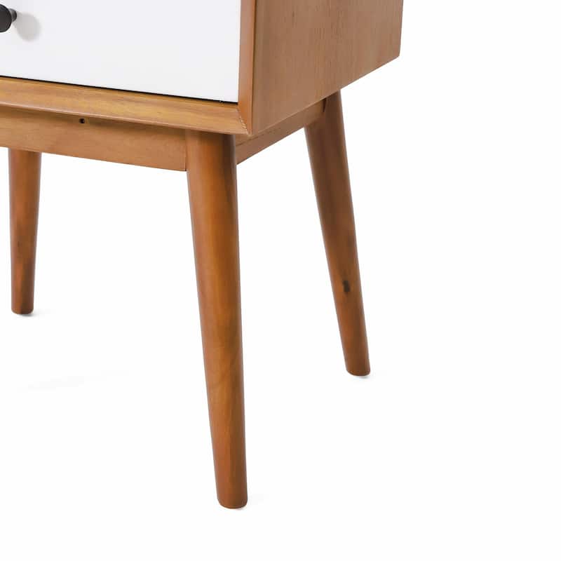 Mid-Century Acacia Wood Nightstand - 2 Drawers, Brass Accents