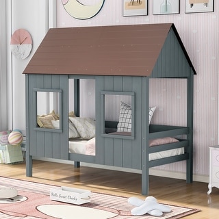 Twin Size Wooden Low Loft Bed House Shaped Bed with Roof & 2 Front ...