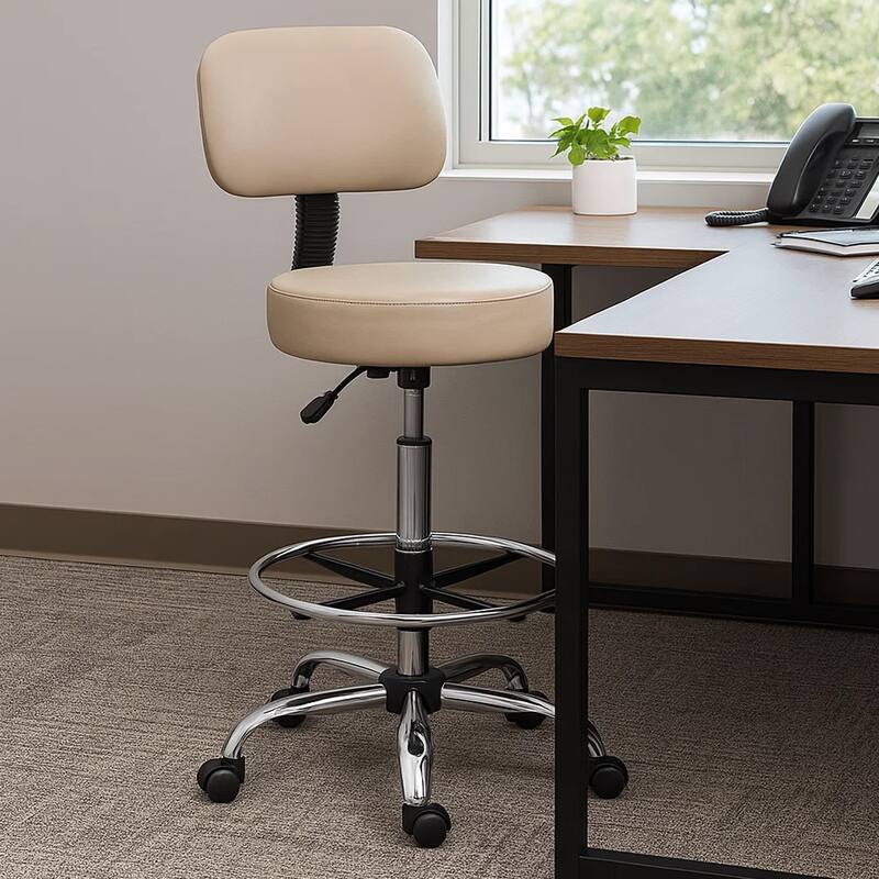 Fea Medical Drafting Stool, Beige Vinyl, Low Back and Padded Seat, Chrome