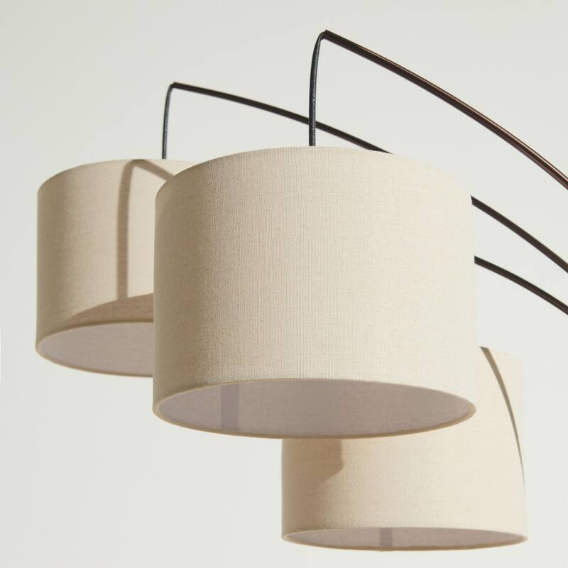 Brightech Trilage 84 in. Oil Brushed Bronze Mid-Century Modern 3-Light Adjustable LED Floor Lamp with 3 Beige Fabric Drum Shades