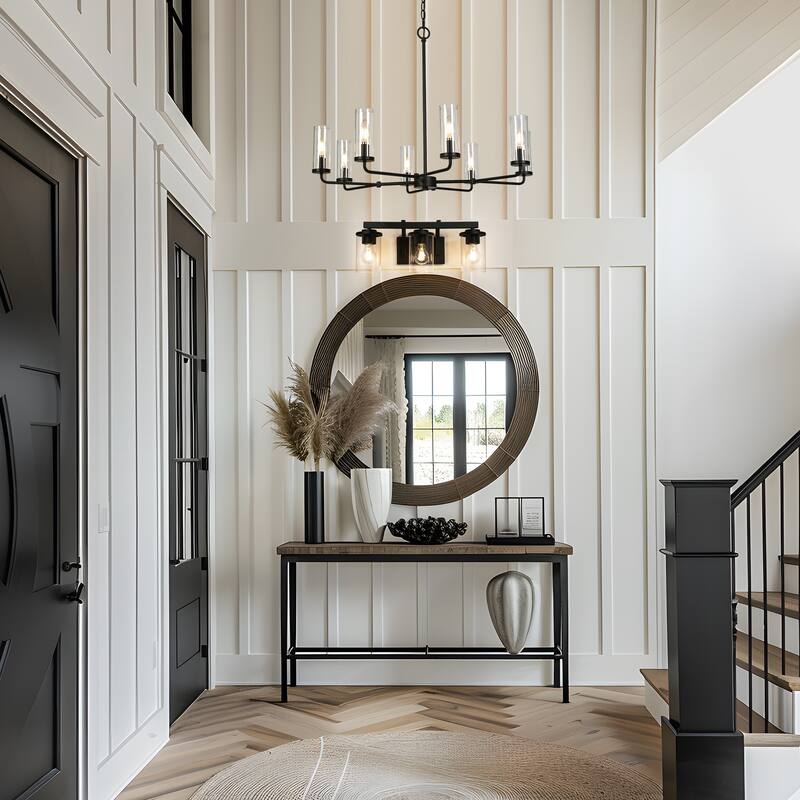 Modern Farmhouse 8-Light Black Wheel Chandelier with Glass Shade for Dining Living Room - D 31.5" x H 24"