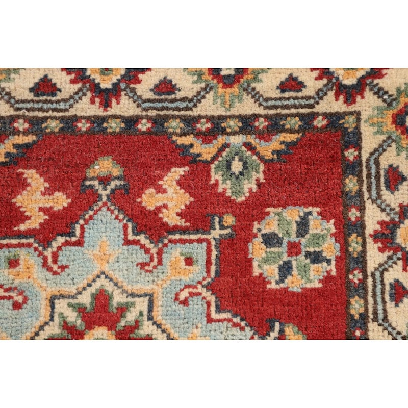 Geometric Red Kazak Runner Rug Hand-Knotted Wool Carpet - 2'1" x 6'0"