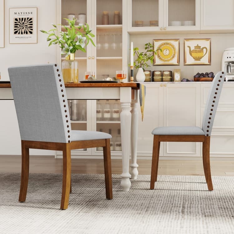 Ash Grey and Walnut Rubber Wood Dining Chairs with Nail head Trim, Linen Fabric - 23" x 19" x 36"