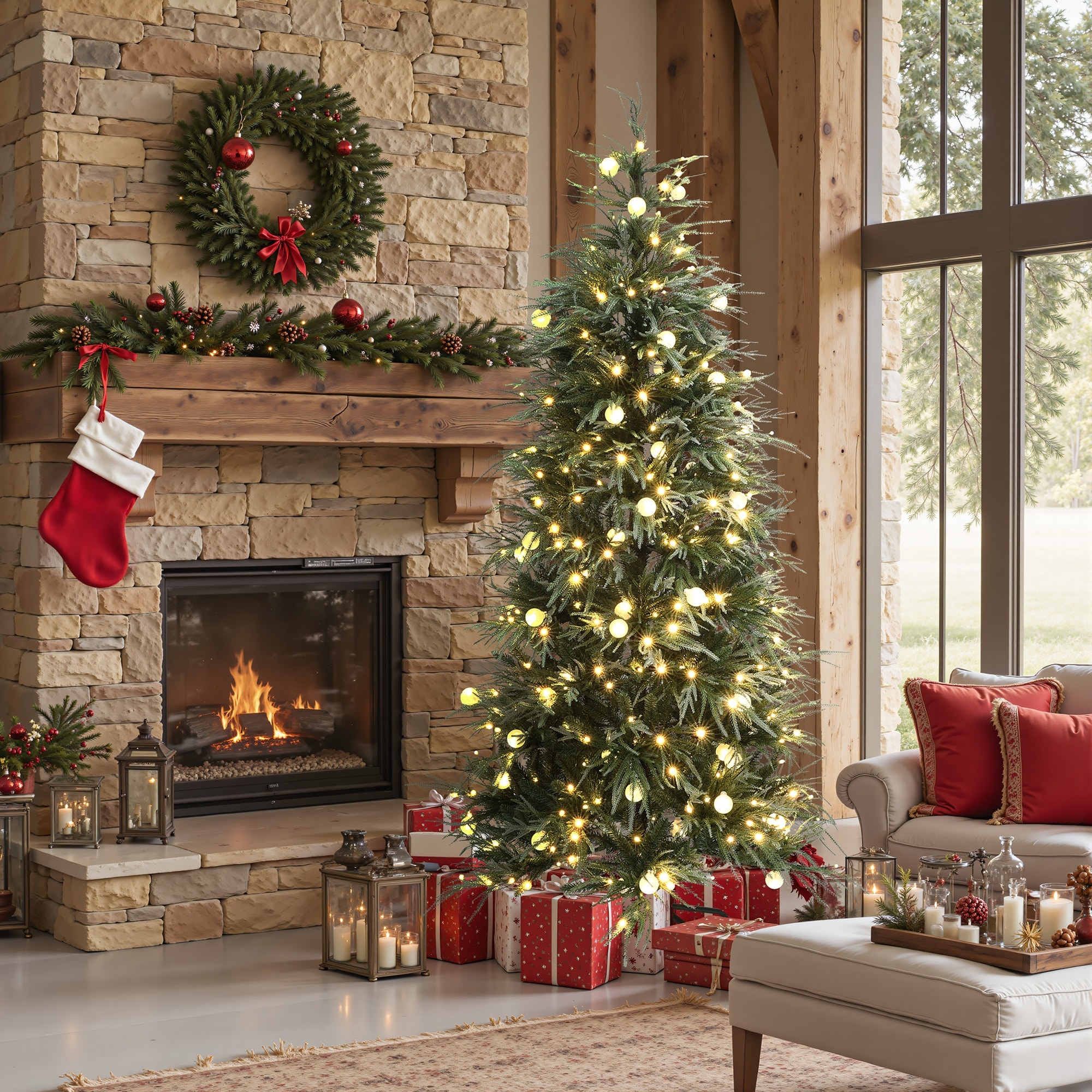 6.5Ft Pre-Lit Green & Frosty Branches Artificial Christmas Tree with Stand - 78" H x 44.4" Diameter