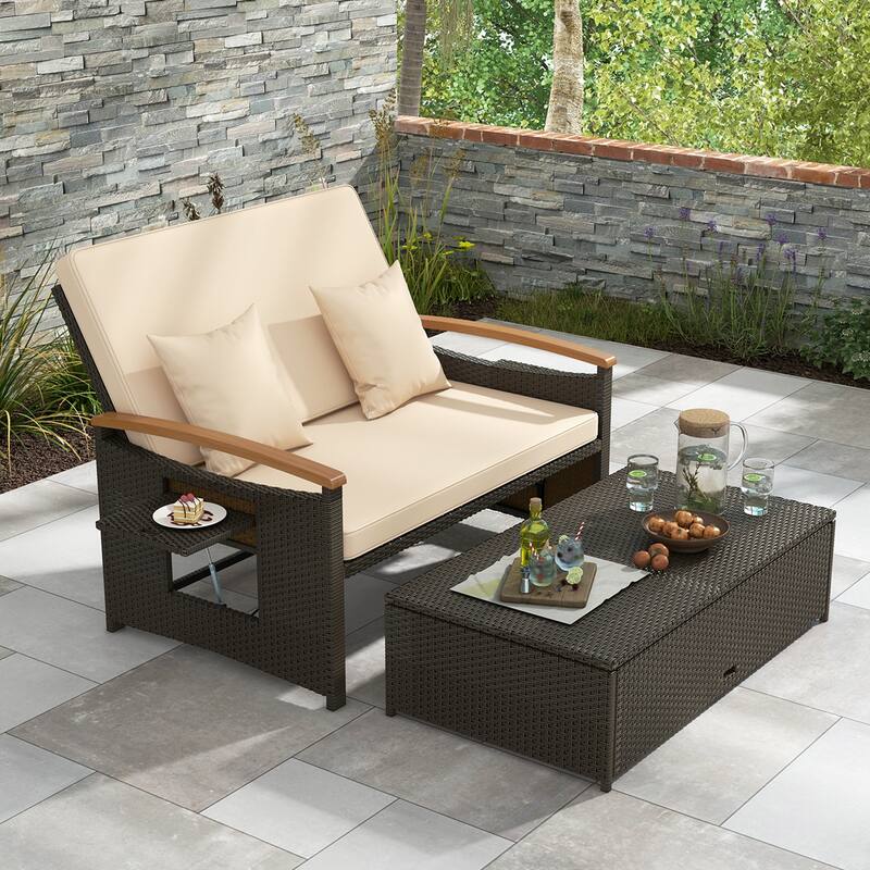 Costway Patio Rattan Daybed Set with Cushioned Loveseat & Storage - See Details