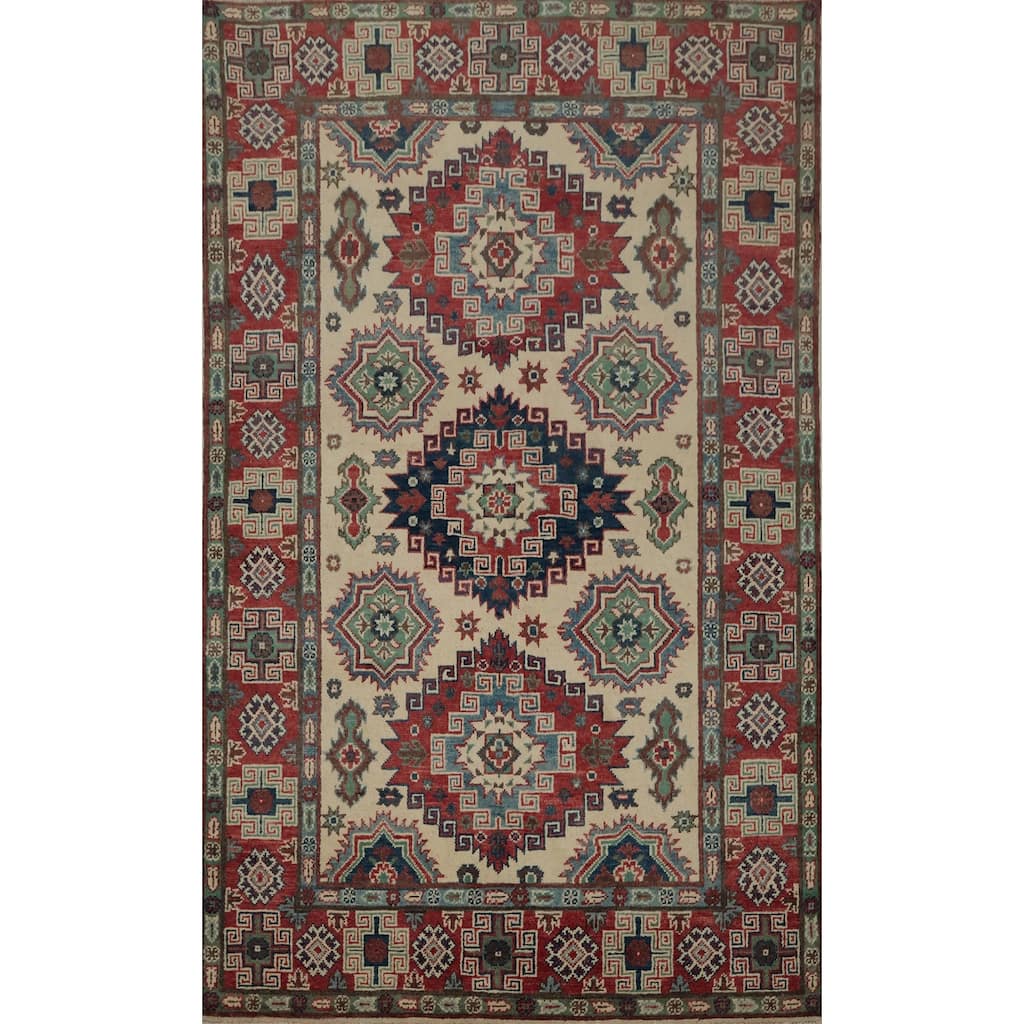 Hand Knotted Oriental 100% Wool Carpet Traditional Geometric Beige & Ivories Kazak Area Rug - 5' 11'' X 4' 1''