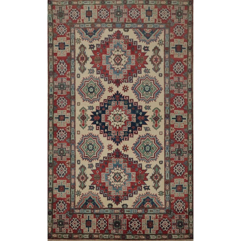 Hand Knotted Oriental 100% Wool Carpet Traditional Geometric Beige & Ivories Kazak Area Rug - 5' 11'' X 4' 1''