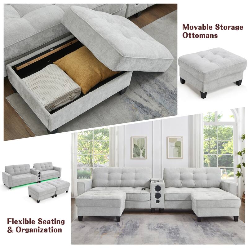 Roomfitters 126 Inch U-Shaped Modular Sectional Sofa with Storage Ottomans and Bluetooth Console