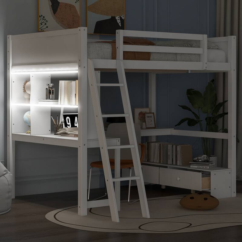 Loft Bed with L-shaped Multi-storage Desk, LED light and USB Charging Station, Storage Bench with 2 Drawers