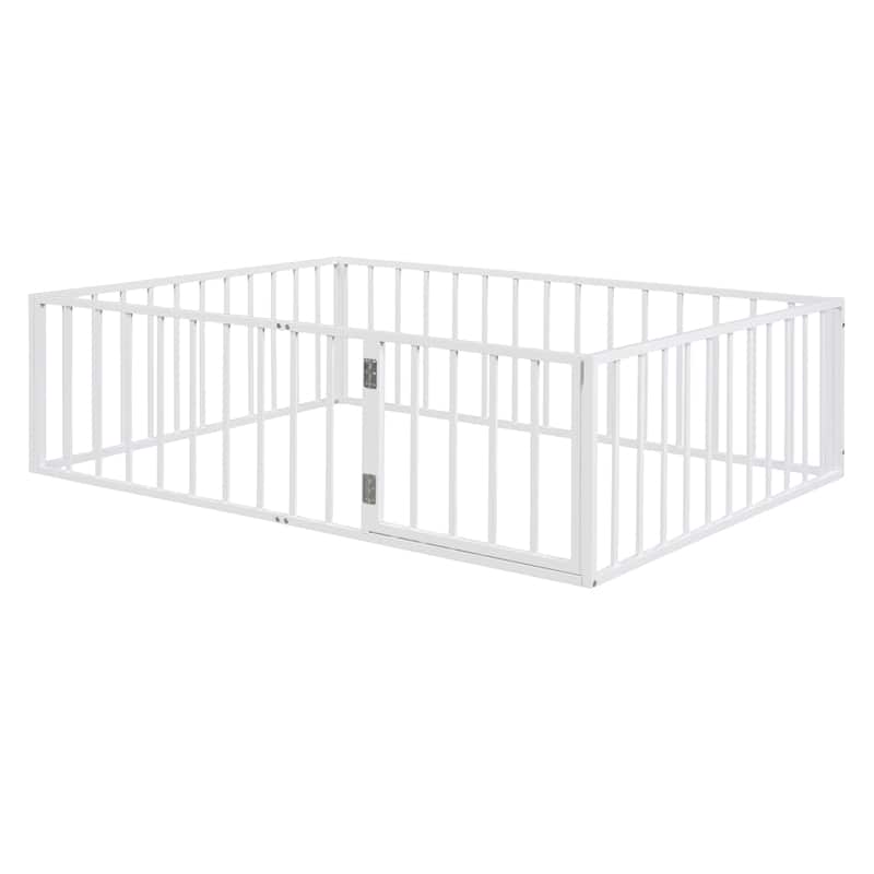 White Full Size Metal Floor Bed Frame with Fence and Door for Kids