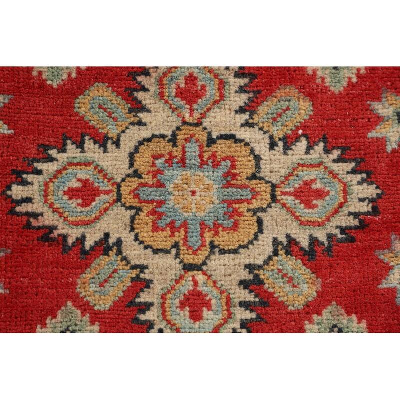 Geometric Red Kazak Runner Rug Handmade Wool Carpet - 2'2" x 5'11"