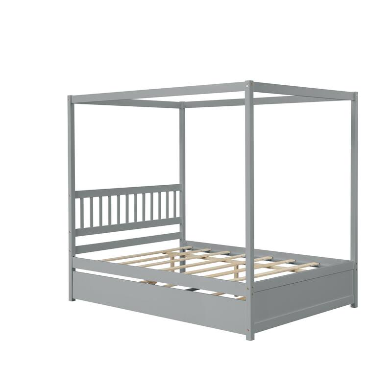 Full Canopy Bed Frame with Twin Trundle, House-Shaped Design for Kids, Wood Platform Bed in White or Grey