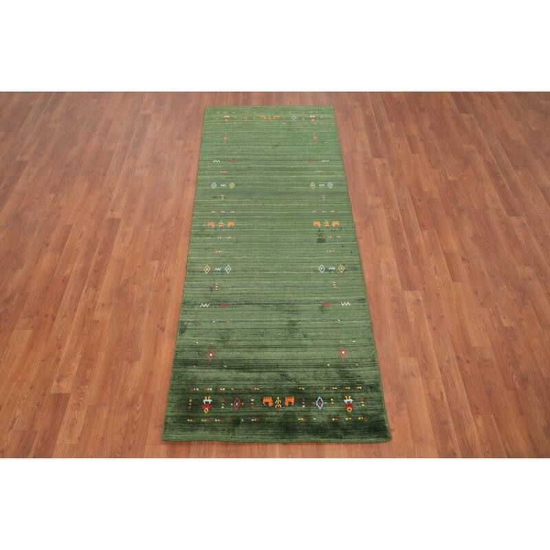 Hand Knotted Oriental Viscose Silk Carpet Tribal Animal Pictorial Green Gabbeh Runner Rug - 7' 6'' X 2' 8''
