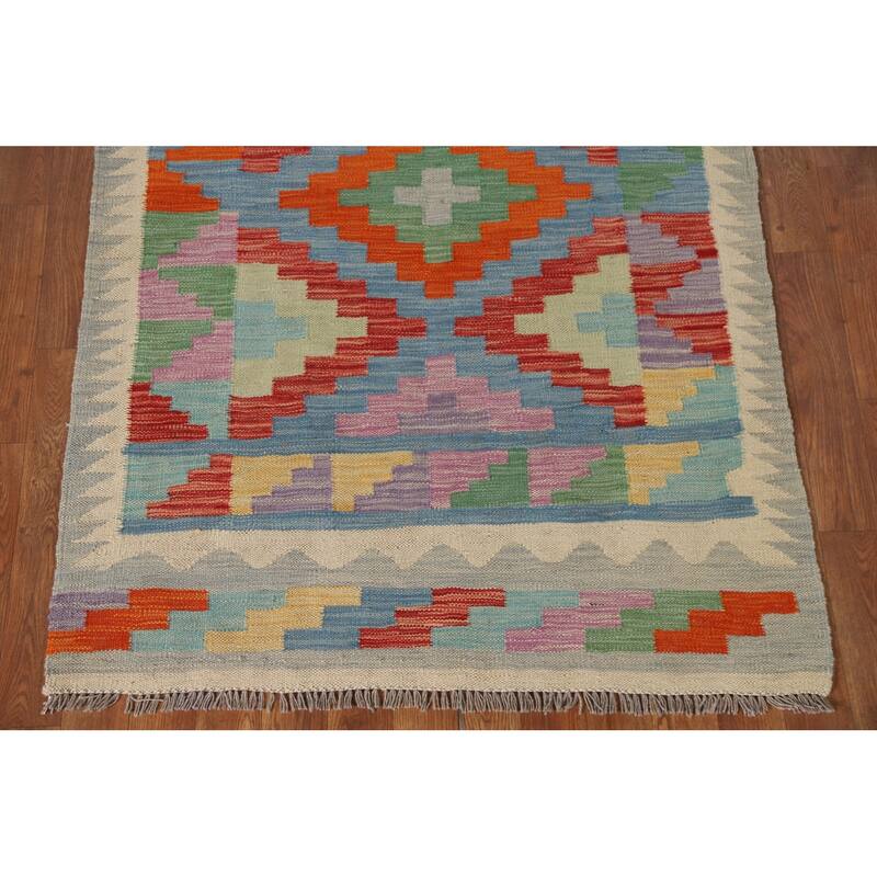 Multicolor Geometric Kilim Oriental Area Rug Hand-Woven Wool Carpet - 3'3"x 4'8"