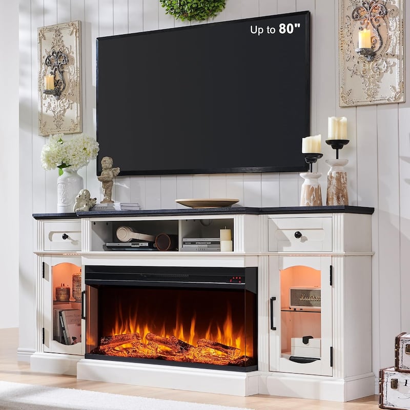 Farmhouse Electric Fireplace TV Stands up to 80", Entertainment Center - Antique White