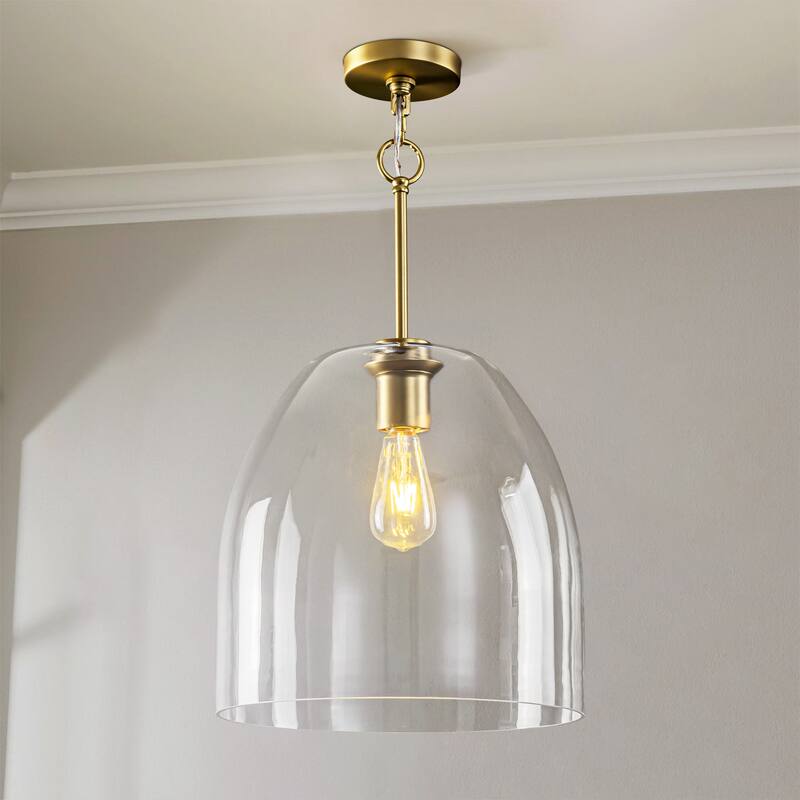 1-Light 14.6" Modern Brushed Brass Bell-Shaped Dome Clear Glass Pendant Light for Kitchen Island