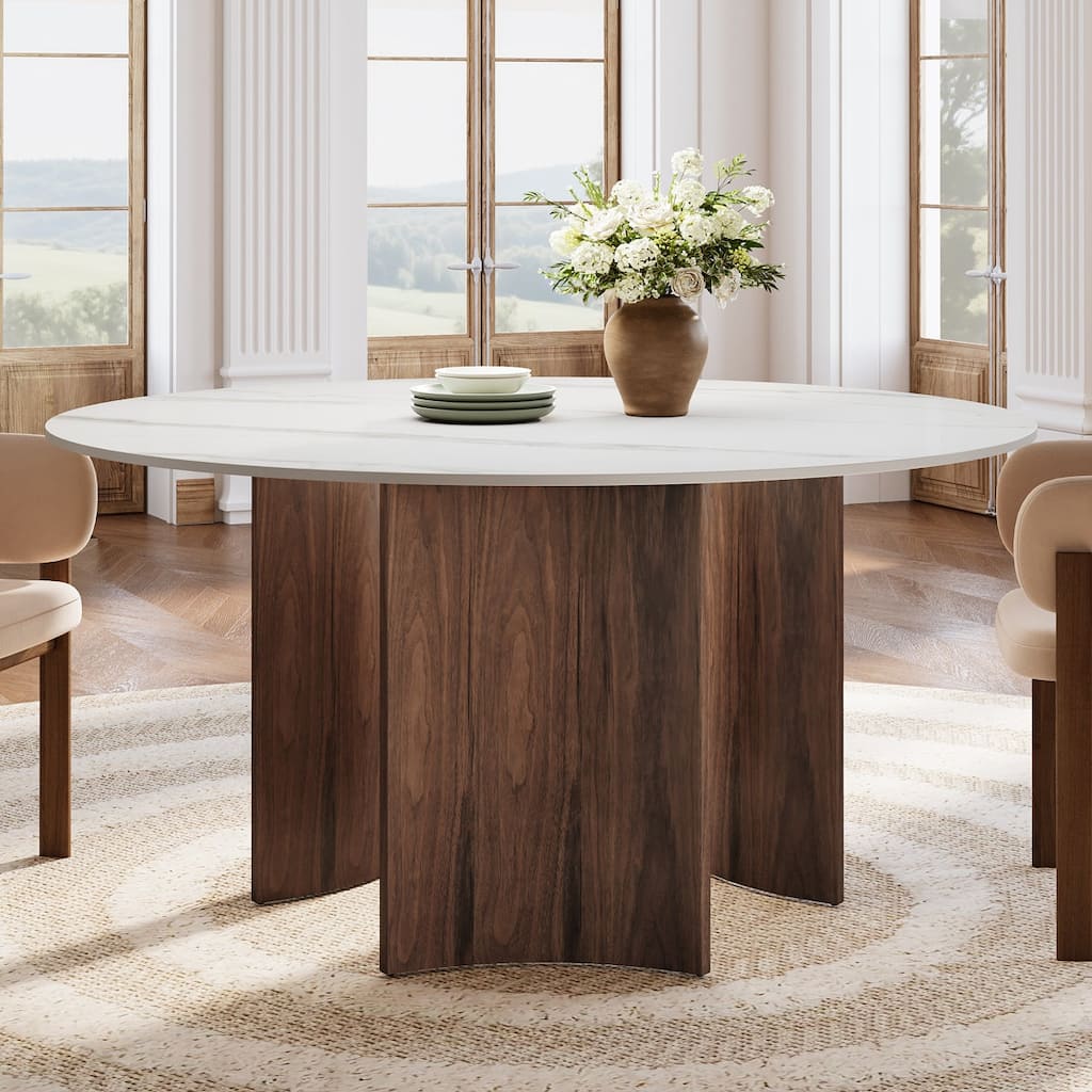 59-Inch Round Dining Table with Stone Top Solid Wood Base - White and Brown