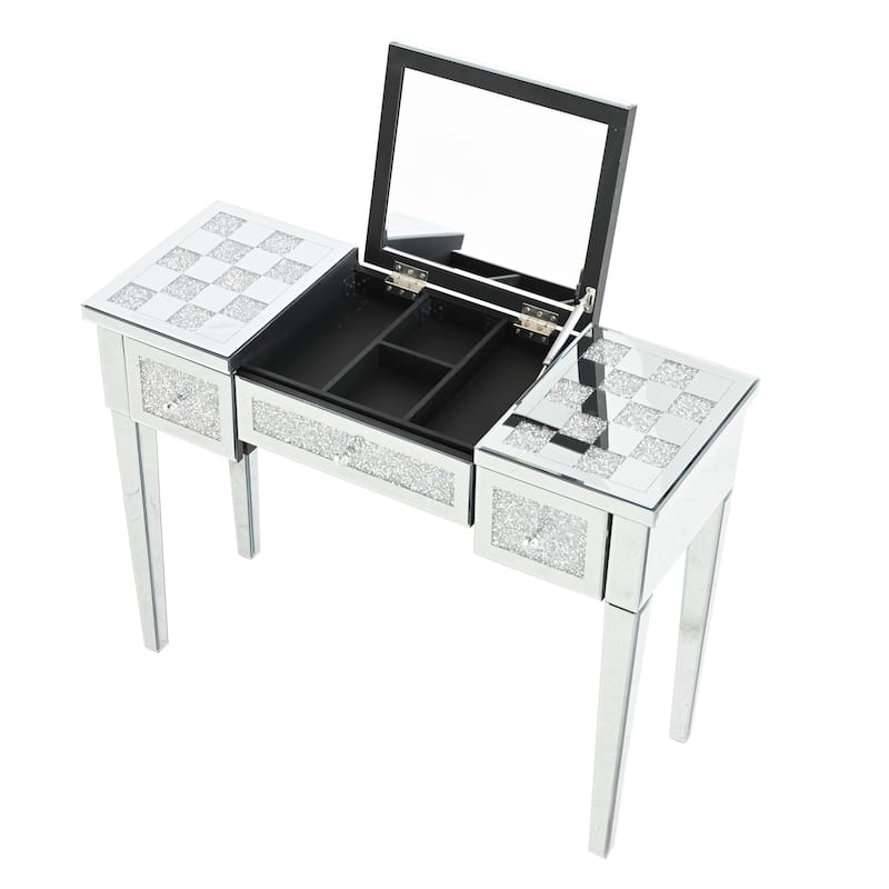 Mirrored Makeup Vanity Desk with Crushed Diamond Inlay, Silver Dressing Table with Flip-Top Mirror, Glass Console Table