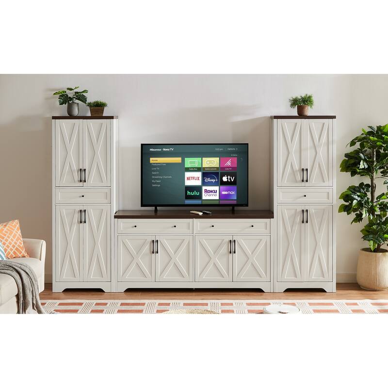 Modern Multi-Functional TV Stand Set, Modular TV Stand with 1 TV Stand and 2 Side Cabinets, for Living Rooms, White+Walnut