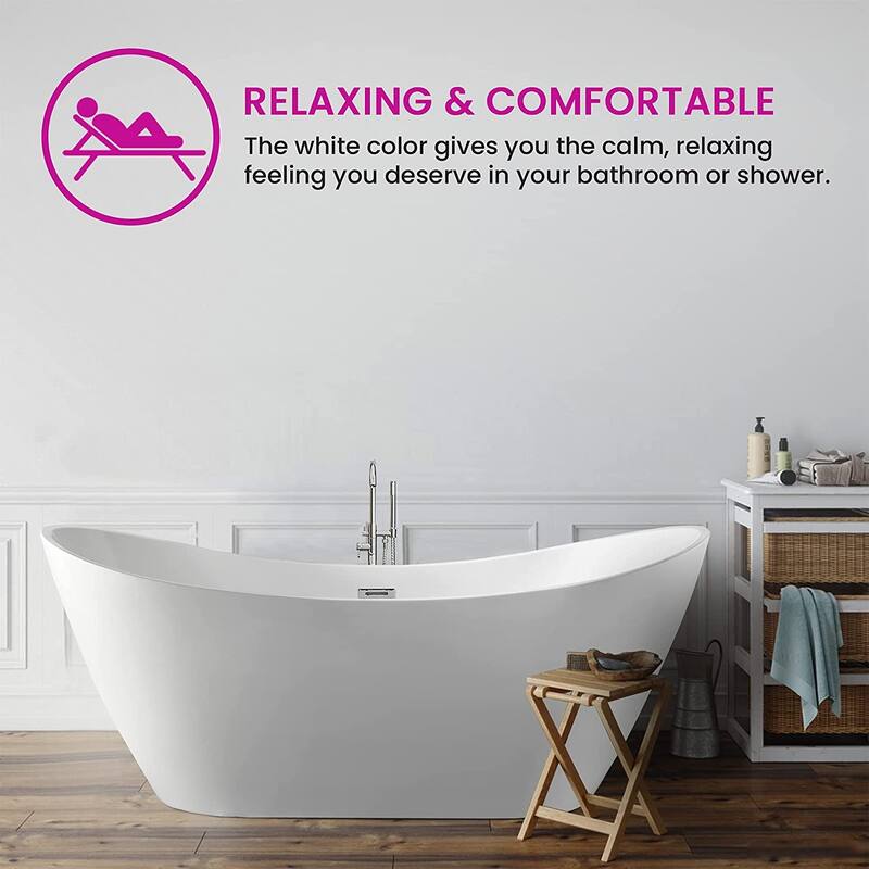 Vanity Art 71-Inch Freestanding Acrylic Bathtub Stand Alone Soaking Tub with Polished Chrome Slotted Overflow & Pop-up Drain