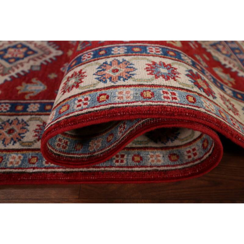 Red Geometric Kazak Runner Rug Hand-Knotted Wool Carpet - 2'7" x 9'8"