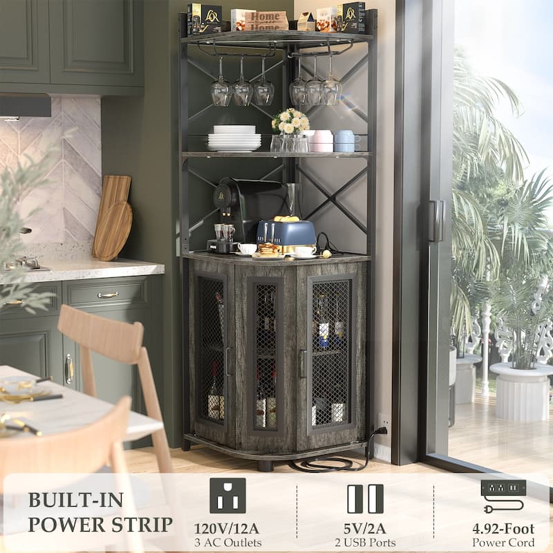 Corner Bar Cabinet with Charging Station and Ambiance Light, Liquor Display Storage Shelves with Glass Holder - Brown