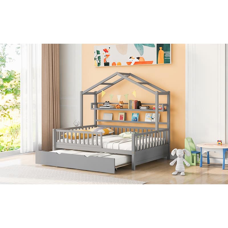Kids Full House Bed with Twin Trundle and Built-In Storage Shelves, Wooden Bed with Roof Design
