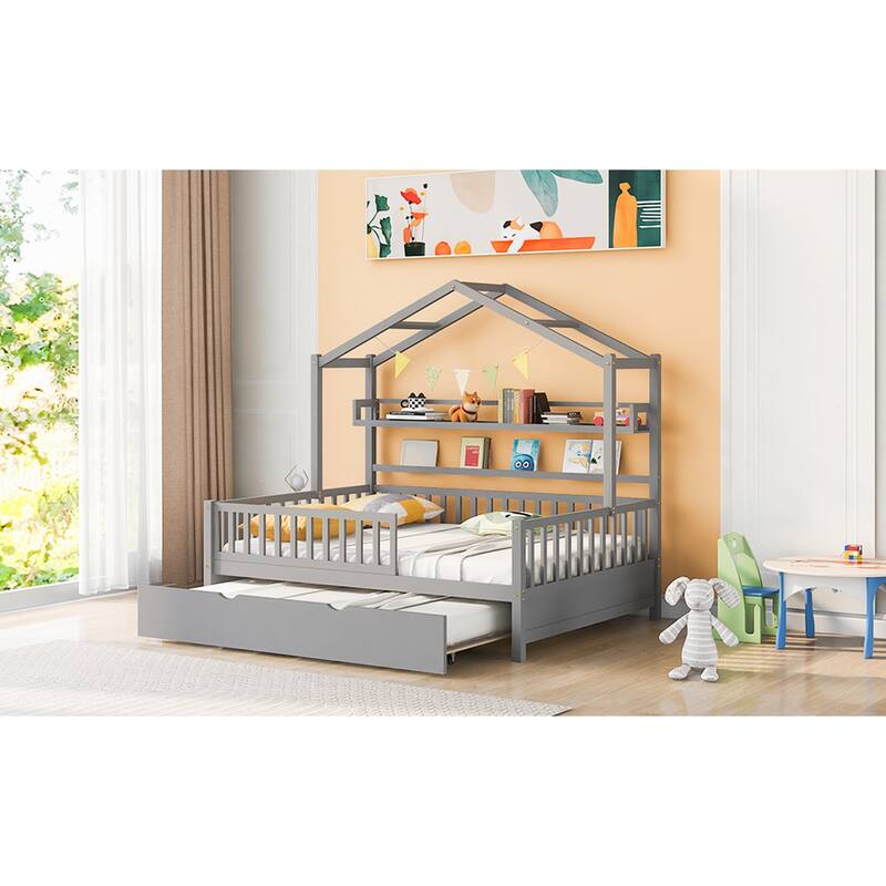 Cute Wooden Twin or Full House Bed with Trundle, Kids Bed Wood Platform Bed Frame with Safety Guardrail & Storage Shelf