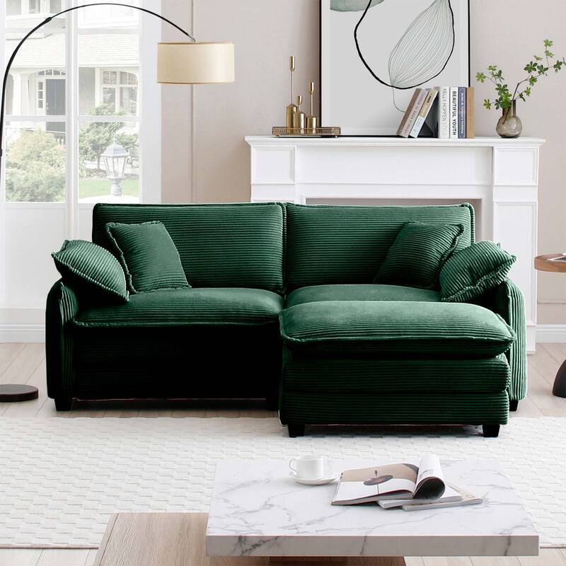 3-piece Corduroy Upholstered L-Shaped Modular Sectional Sofa with Removable Ottoman, 4 Pillows, and Free Combination