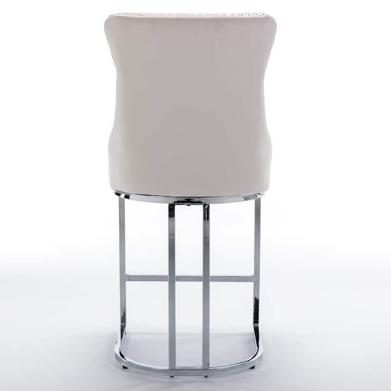 Counter Height Bar Stools Set of 2, Velvet Upholstered Accent Chairs with Button Back, Rivet Trim and Chromed Metal Base Legs