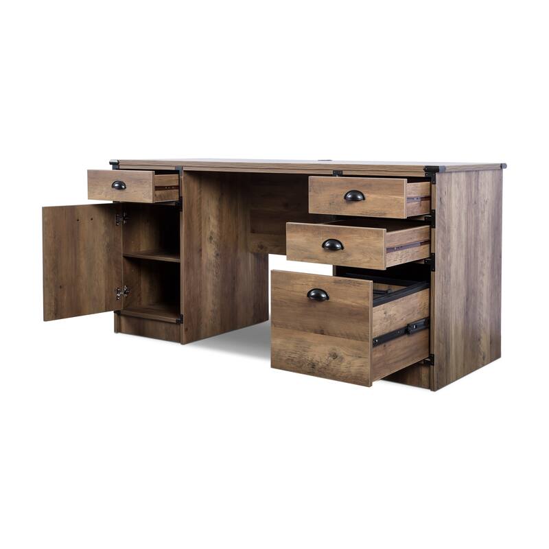 HomeRoots 59" Oak Wood Pedestal Computer Desk With Four Drawers