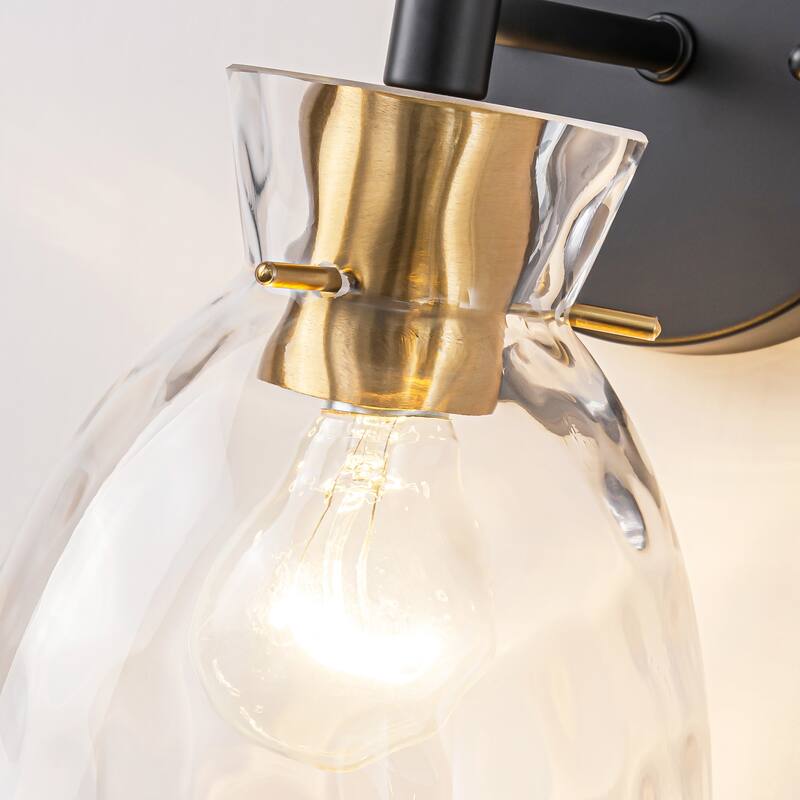 1-Light/3-Light Matte Black and Antique Brass Bathroom Vanity Light with Water-Rippled Glass Shade