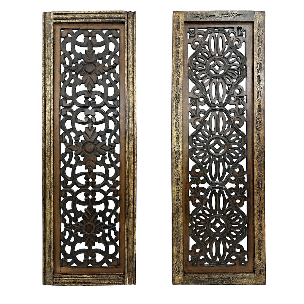 Benzara Floral Hand Carved Wooden Wall Panels, Assortment of Two, Brown