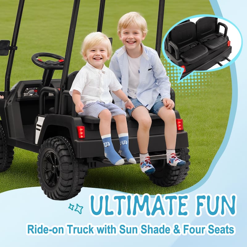 24V XL Kids Ride On Electric Truck with 4 Seats, Remote Control, Dual Motors, Suspension, Bluetooth Audio & Removable Sunshade