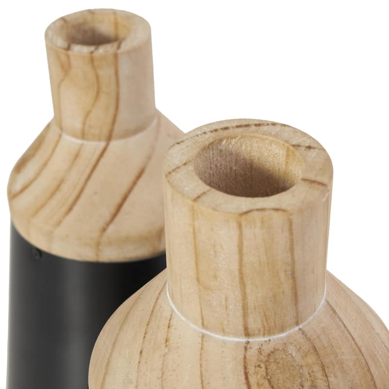 Wood Triangular Colorblock Decorative Vase with Light Brown Wood Tops - Set of 2 Black - Roche River Decor