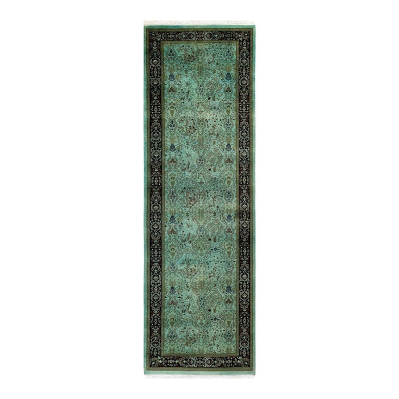 Overton Hand Knotted Wool Vintage Inspired Modern Contemporary Overdyed Green Runner Rug - 2' 6" x 8' 1"