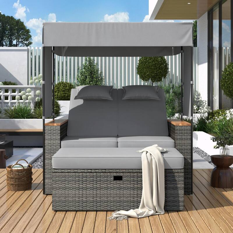 Outdoor Rattan Daybed Set - 5-Position Adjustable Loveseat with Roof and Cushions