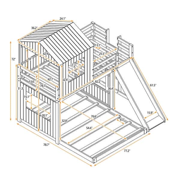 Wooden Twin over Full Bunk Bed, Treehouse Style Loft Bed with Playhouse, Ladder, Slide & Guardrail, Kids' Bedroom Furniture