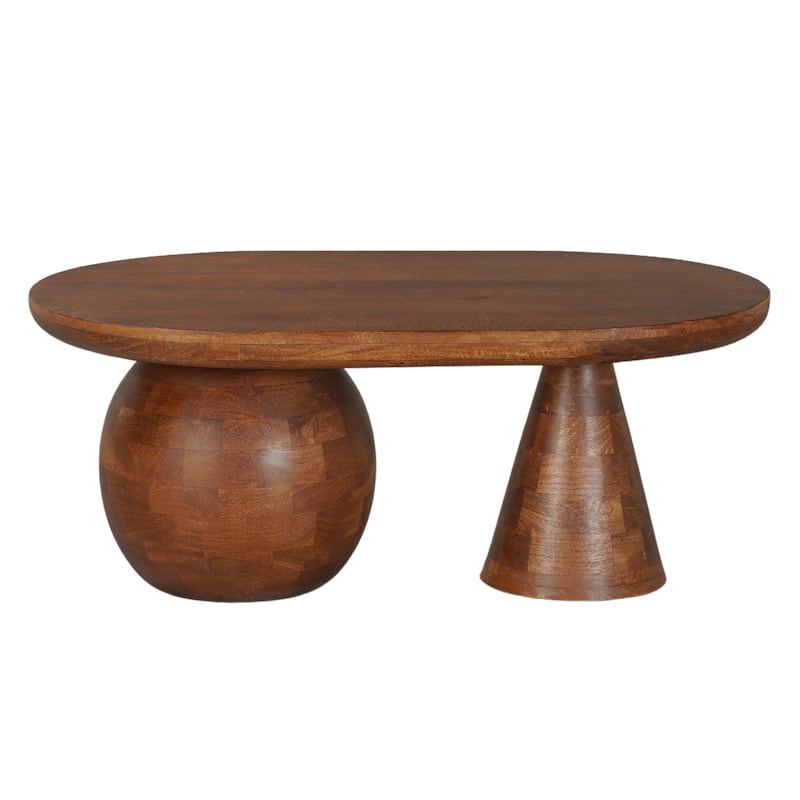 Leeds Coffee Table | 38" Handmade Walnut Brown Mango Wood Oval Top | Round Ball and Cone Base