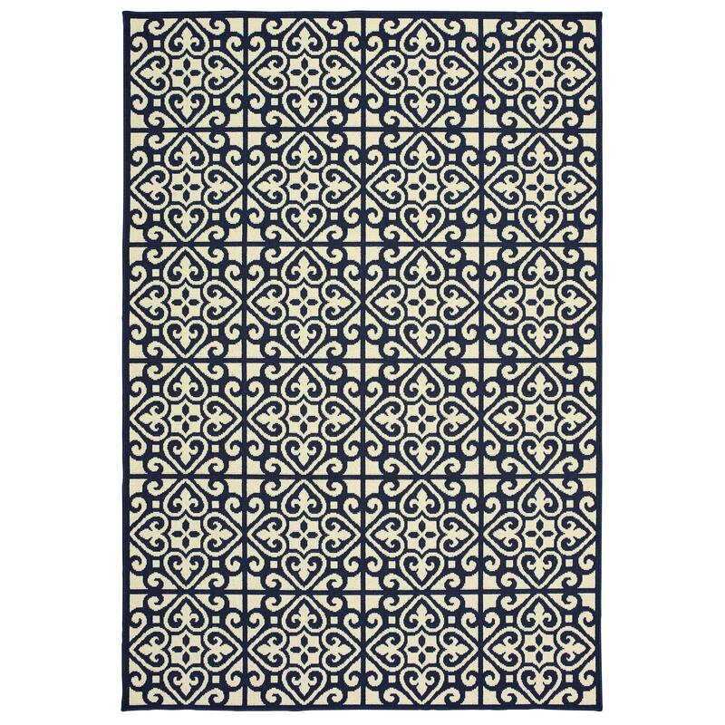 Style Haven Marianna Two-Tone Tile Navy/ Off-White Loop Pile Indoor Outdoor Rug