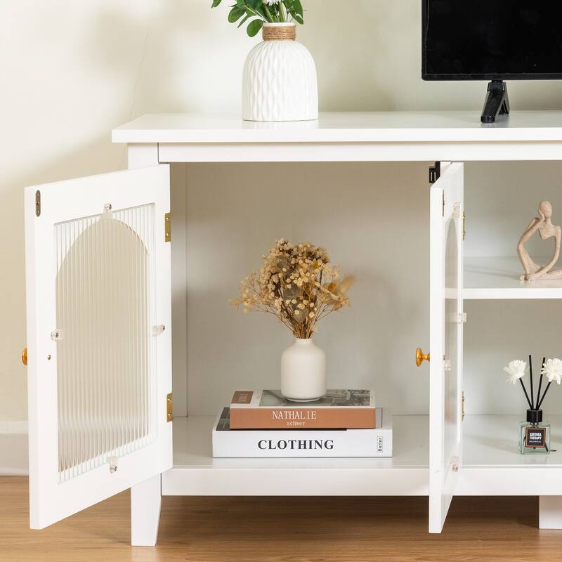 Retro Modern TV Stand with 3 Storage Cabinets and Rainbow Doors for Living Room Home Theater and Studio​